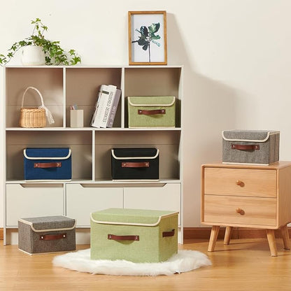 2PCS Storage Boxes with Lid Cotton Linen Fabric Storage Bins Organizer Container Decorative Collapsible Washable Shelf Closet Baskets Faux Leather Handles Home Bedroom (Green, Small Size)
