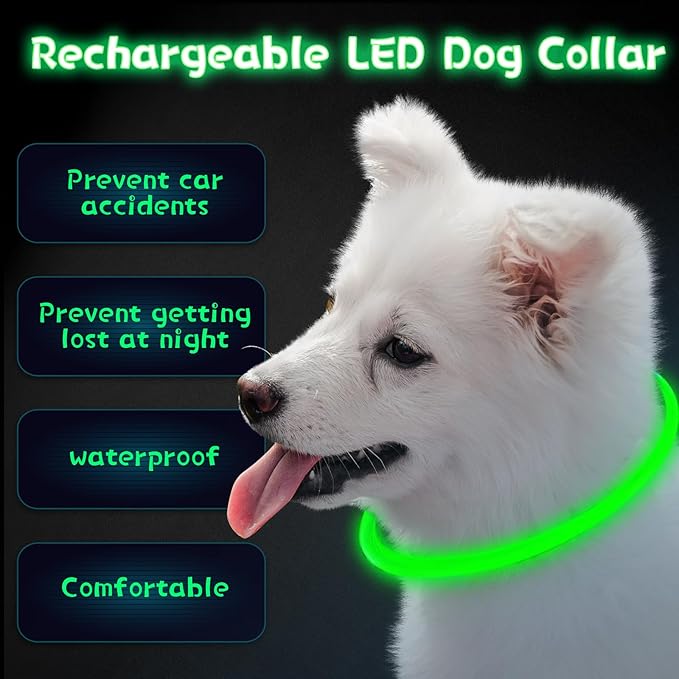 Weewooday 3 Pcs Dog Collar USB Rechargeable LED Light up Dog Collar Flash Waterproof Pet Necklace Pet Lights for Night Walking Adjustable Safety Necklace for Large Medium Small Puppy(Green)