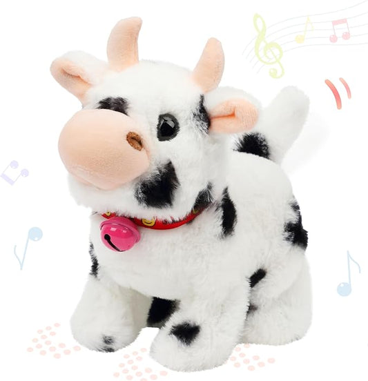 Hopearl Walking Cow Interactive Electronic Pet Plush Diary Cattle Toy with Sounds and Movements MOO Nodding Head Wag Tail Animated Gift for Toddlers Birthday, Black, 7''