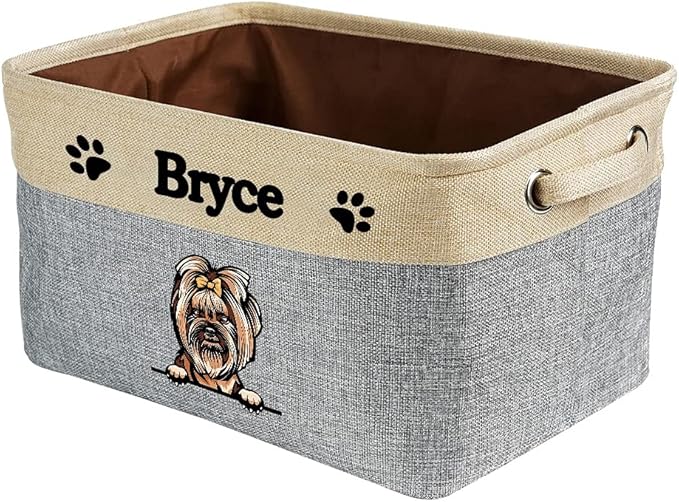 Personalized Foldable Storage Basket with Lovely Dog Yorkie Collapsible Sturdy Fabric Pet Toys Storage Bin Cube with Handles for Organizing Shelf Home Closet, Grey and White