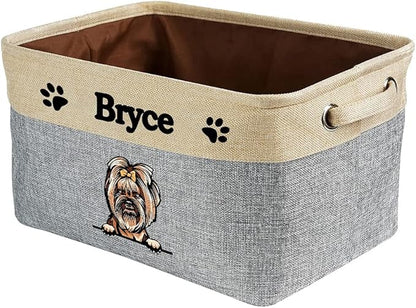 Personalized Foldable Storage Basket with Lovely Dog Yorkie Collapsible Sturdy Fabric Pet Toys Storage Bin Cube with Handles for Organizing Shelf Home Closet, Grey and White