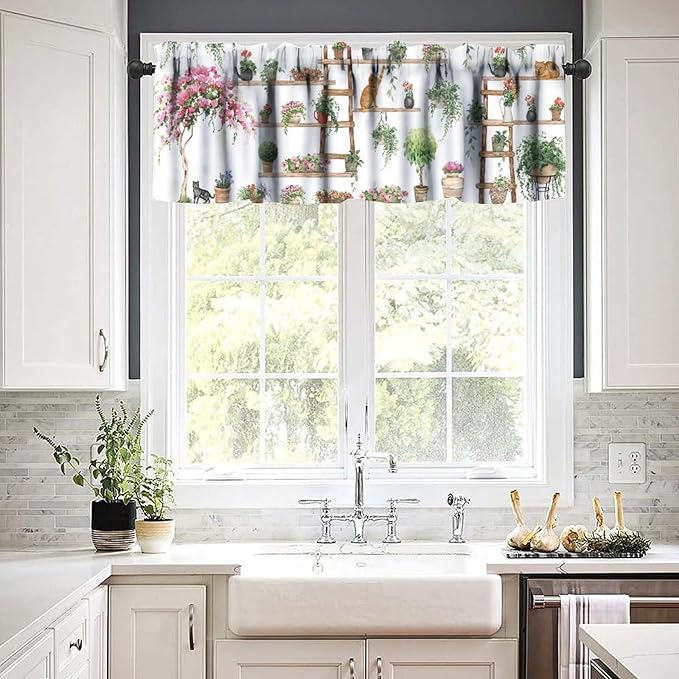 Vintage Bohemian Flower Window Valance Curtains, Colorful Succulent Plants Cute Cats Art Green House Plant Potted Flower Valance Curtain for Farmhouse Bedroom Living Room Kitchen 54x18inch