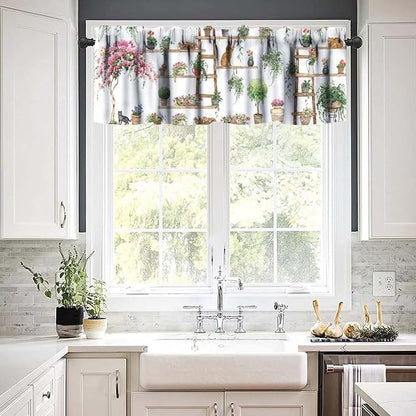 Vintage Bohemian Flower Window Valance Curtains, Colorful Succulent Plants Cute Cats Art Green House Plant Potted Flower Valance Curtain for Farmhouse Bedroom Living Room Kitchen 54x18inch