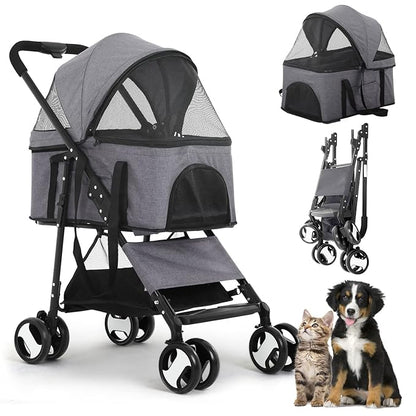 Pet Strollers, Dog Cat Stroller 3-in-1 Detachable Doggy Stroller for Small Medium Dogs 4 Wheel Dog Travel Cart Cat Walker Foldable Wagons for Dogs Trolley for Doggie Rabbit Puppy Strollers, Grey