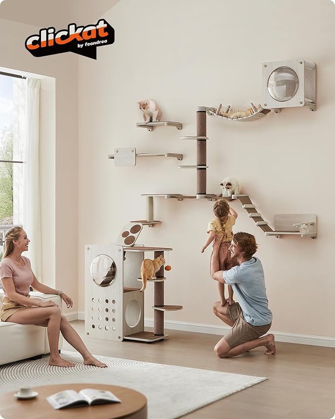 Feandrea Clickat Collection - No.004 Cat Stairs, Wall-Mounted Cat Ladder with Shelves, Self Groomer, Extremely Quick Assembly, Unlimited Expandability, Replaceable Washable Felt Pads