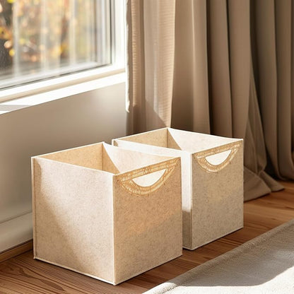 La Jolie Maison 2 Pack Foldable Oatmeal Felt Cube Bins, 13 Inch Storage Cube with Rattan Handle, Decorative Storage Bins for Closet Toys Bedroom