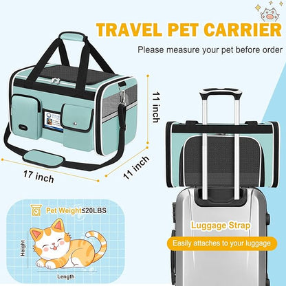 HUANLANG Soft-Sided Cat Carrier Airline Approved,Dog Carriers for Small Dogs Medium Cats,Pet Travel Carrier Up to 15 Lbs,Collapsible Cat Bag