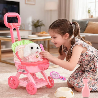 14PCS Dog Toys for Kids, Walking Barking Electronic Interactive Plush Puppy Toy with Pushcart and Accessories, Pet Care Toy Set for Kids, for Girls and Boys 3 4 5 6+ Year Old