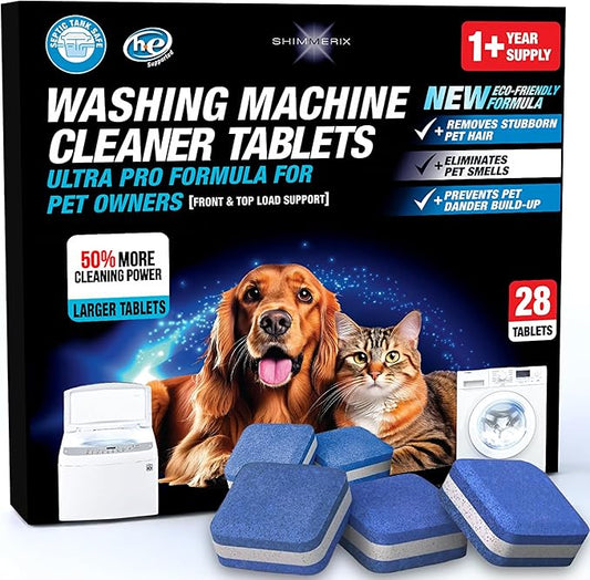Washing Machine Cleaner New Ultra Pro Tablets 50% Stronger Formula for Pet - 28 Pack, HE Front & Top Load, Washer Deep Cleaning, Remove Tough Pet Hair, Odors, Residue & Grime, No Dander Build-up