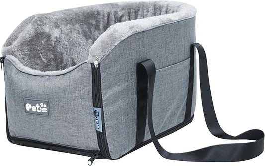 Pet Car Center Console Elevated Armrest Car Seat for Small Puppy, Dogs & Cats (Up to 10 lbs) – Dark Gray Washable Plush Carrier with Safety Leash, Fits Front Vehicle Console Space (Grey)