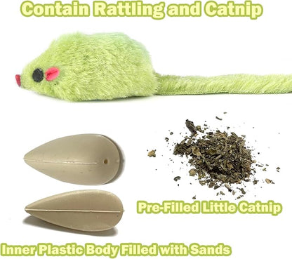 MeoHui 12PCS Rattle Cat Mouse Toys also Prefilled Catnip, 2.36” Mice Body Size, Faux Fur Cat Mice Toys with Plastic Body, Interactive Catnip Toys for Indoor Cats Play Fetch