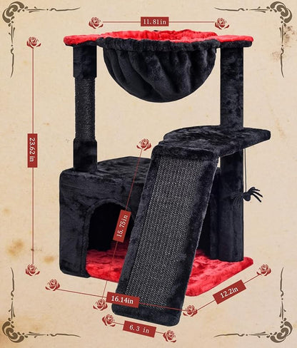 SYANDLVY Gothic Cat Tree for Indoor Cats Large Adult, Modern Activity Tower with Scratching Posts & Board, Condo with Plush Perch, Cradle & Hanging Ball & Spider for Play, Black