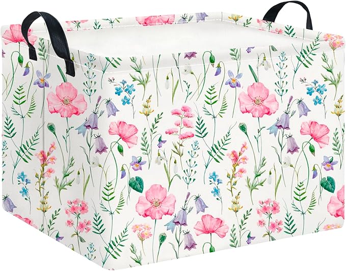 CLOCOR Rectangular Storage Basket,Collapsible Cute Pattern Storage Bin,Waterproof Books Box with Handles,Gift Basket(Blossoming)