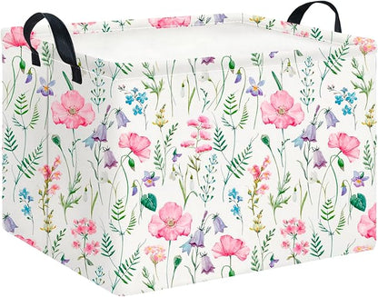 CLOCOR Rectangular Storage Basket,Collapsible Cute Pattern Storage Bin,Waterproof Books Box with Handles,Gift Basket(Blossoming)