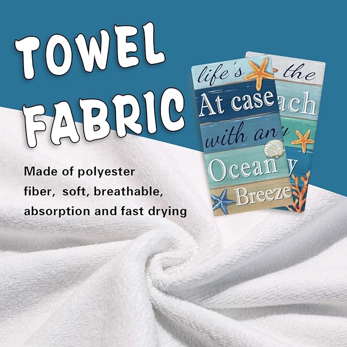 The Beach is My Happy Place Kitchen Dish Towels Set of 2, Coastal Ocean Starfish Shell Coral Drying Hand Towel Baking Cooking Cloth, Farmhouse Beach House Sea Home Decoration 18 x 26 Inches