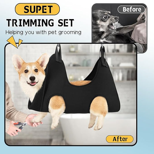 Supet Dog Grooming Hammock Harness for Dogs Cats, Relaxation Pet Nail Clipper Hammock, Restraint Dog & Small Animal Leashes Sling for Groomingk for Nail Trimming (Black, XS)