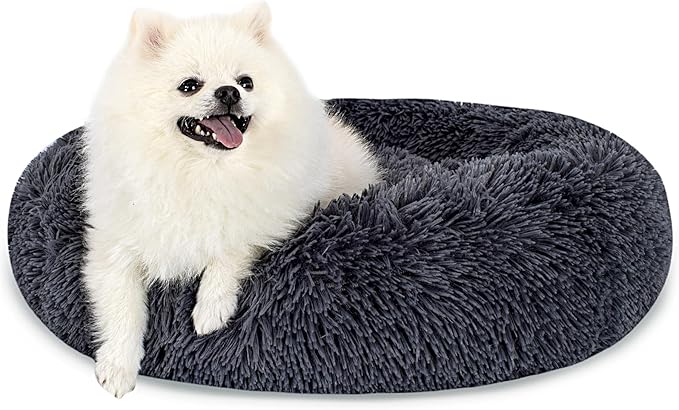 Calming Dog Bed for Small Dogs Cats, Kitty Puppy 23'' Round Anti-Anxiety Warm Fluffy Plush Faux Fur Bed, Soft Anti-Slip Donut Washable Small Pet Bed, Cozy Cat Puppy Bed, Fits up to 30 lbs Pets