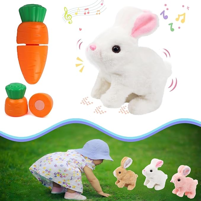 Bunny Stuffed Animal Plush, Interactive Electronic Pet Hopping Bunny Toy, Realistic Stuffed Easter Bunny Rabbit with Sounds and Movements Animated Walking Wiggle Ears Twitch Nose (White)