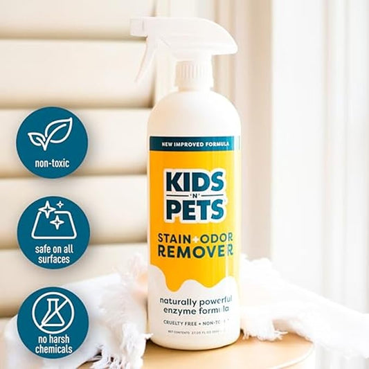 KIDS 'N' PETS Instant All-Purpose Stain & Odor Remover Permanently Eliminates Dog Pee, Cat Urine, Other Smells, Spots from Home Carpet, Couch, Furniture, Mattress, Fabric. Non-Toxic, Child Safe - 32oz