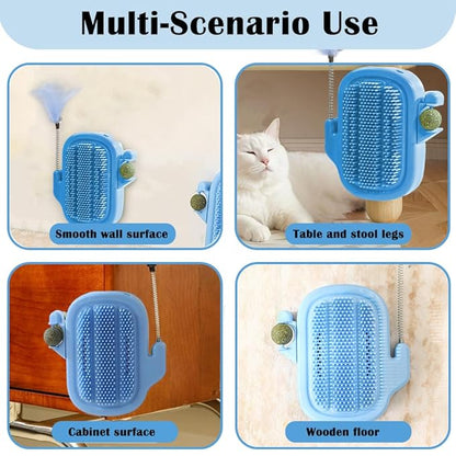 3-in-1 Cat Self Groomer Brush – Wall Corner Cat Scratch Pad with Catnip Ball & Feather Toy, Cactus-Style Wall Brush for Indoor Cats, Cats Massager & Face Scratchers for Fur Pets