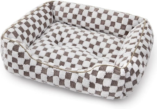 JOEJOY Dog Bed for Medium Small Dogs - Rectangle Orthopedic Dog Sofa Bed, Cute Modern Puppy Bed with Jacquard Shaggy Plush & Anti Slip Bottom, 25x21x8inches, Cofffee