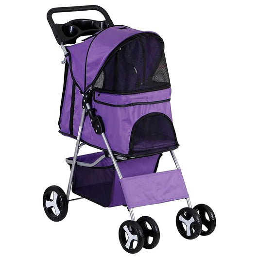 4 Wheels Dog Stroller Folding Pet Strolling Cart for Small Medium Cats Puppies Portable Jogger Travel Camping Puppy Carrier with Storage Basket Cup Holder, Purple