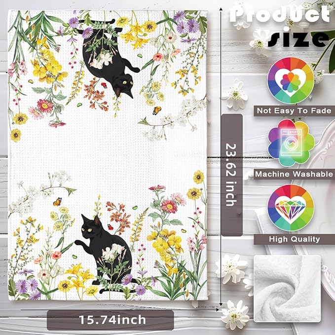 2-Pack Black Cat & Floral Kitchen Towels Decorative Set - Playful Feline Set-Quick-Drying Decorative Design Hand Towels for Cooking, Bathroom Decor - Purrfect Funny Gifts for Cat Lovers for Women