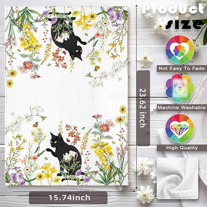 2-Pack Black Cat & Floral Kitchen Towels Decorative Set - Playful Feline Set-Quick-Drying Decorative Design Hand Towels for Cooking, Bathroom Decor - Purrfect Funny Gifts for Cat Lovers for Women