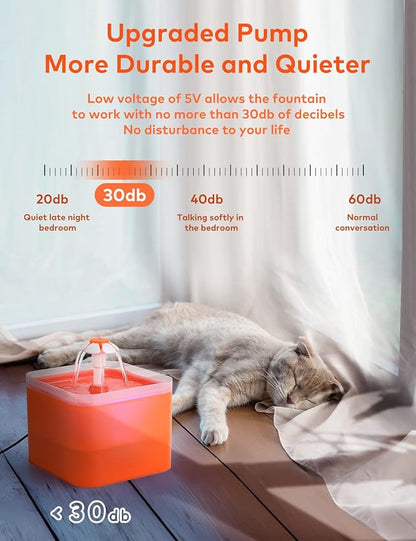 Cat Water Fountain Orange Cute: Waterfall Cat Fountain with Led Light - 67oz/2L Quiet Water for Cats Drinking Fountain - Pet Water Fountain for Cats Inside -AONBOY Filtered Water Supplies for Cats