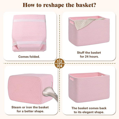 Storage Baskets for Organizing, 4 Pack Baskets for Shelves, Decorative Storage Bins for Shelves, Cotton Rope Storage Basket with Handles, Woven Basket for Storage, 13''Lx8.7''Wx7.9''H, Pink