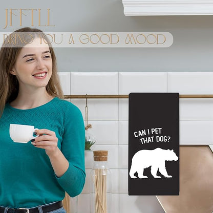 Funny Bear Kitchen Towels, Bear Gifts for Women Men Dish Tea Towels for Kitchen Decor, Can I Pet That Dog Wild Animal Decorative Hand Towel for Bathroom Decor, 16x24 Inch（Upgraded Fabric）