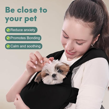 Supet Dog Sling Carrier for Small Pets, Hands Free Cat Sling, Reducing Back Neck Pain Anti-Anxiety Puppy Front, Adjustable Soft Dog Carrying (Black-2, Plus)
