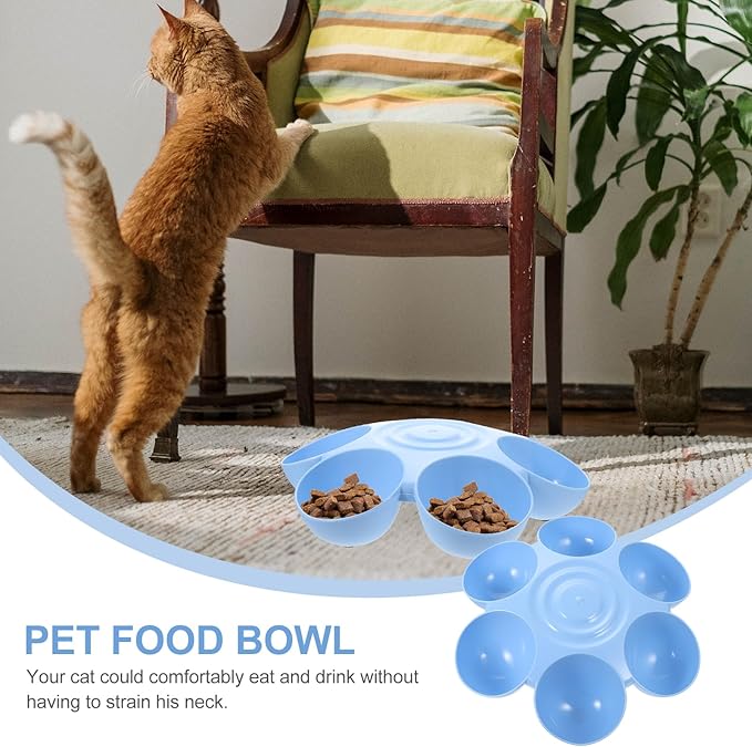 POPETPOP Cat Food Bowl with 6 Bowls - Pet Feeder for Kitten Puppy, Multi Cat Dishes, Multiple Dinner Feeder for Indoor s, Dishes for Food and Water (Blue)