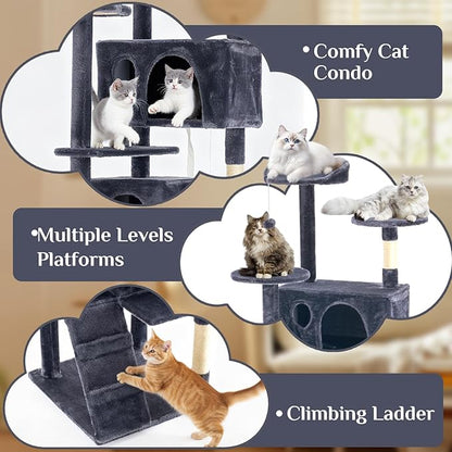 DUMOS 62-inch Indoor Cat Tree Tower –Multi-Level Pet House for Large Cats with 2 Condos, Scratching Posts, Round Platform, Small Ladder, and Toys, Grey