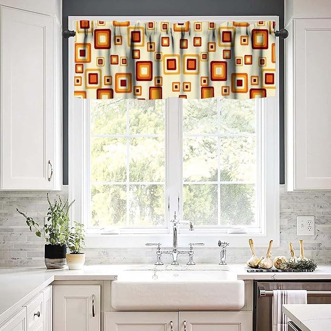 Mid Century Modern Valance Curtains, Retro Colorful 70S Vintage Abstract Geometric Window Curtain Valance for Bedroom Living Room Kitchen 54x18inch