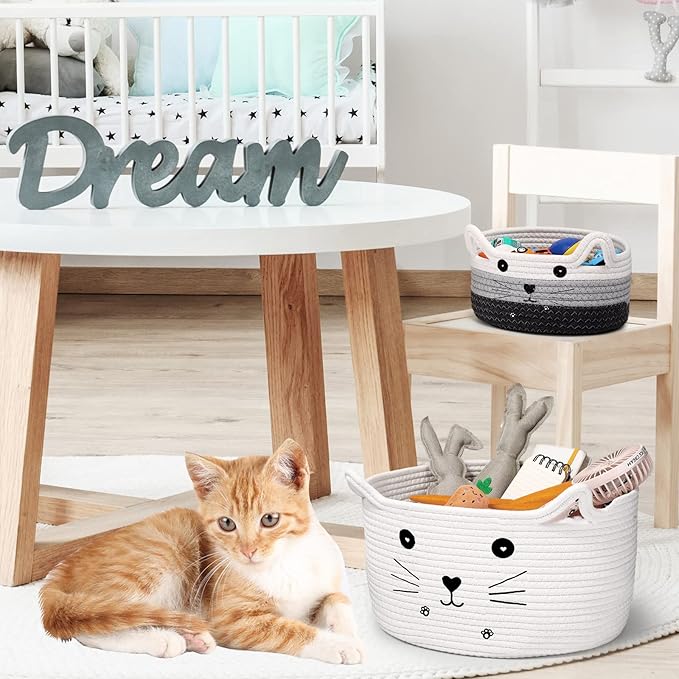 Zopeal Cat Basket Storage Woven Organizer with Ears Easter Decorative Pet Toy Cute Cotton Rope Basket for Gift Cat Dog Toy Bin Nursery Room(13.7 x 7.8 Inch,White)