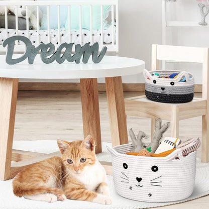 Zopeal Cat Basket Storage Woven Organizer with Ears Easter Decorative Pet Toy Cute Cotton Rope Basket for Gift Cat Dog Toy Bin Nursery Room(13.7 x 7.8 Inch,White)