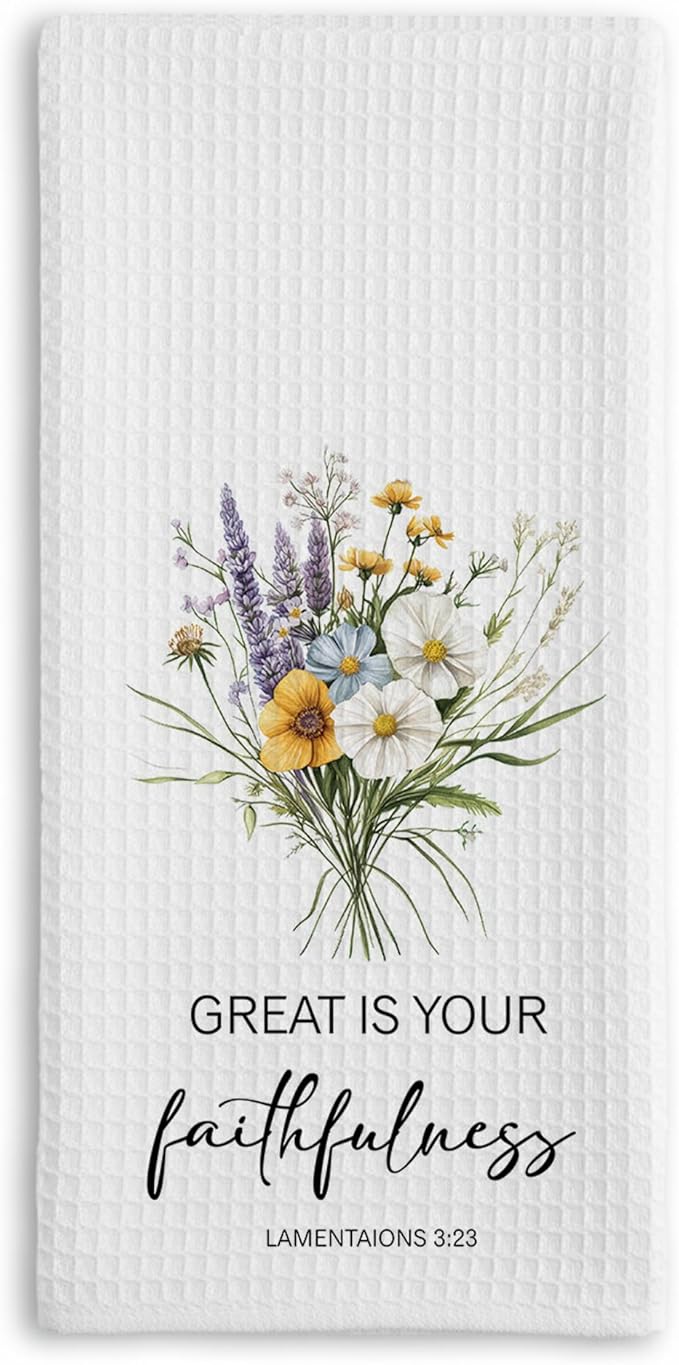 Christian Kitchen Towel, Waffle Weave Microfiber Scripture Hand Towel, Great is Your Faithfulness Bible Verse Farmhouse Decor for Kitchen Bathroom, Inspirational Gift for Women