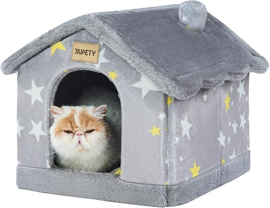 JIUPETY Cute Cat Beds for Indoor Cats, Foldable Cat House with Non-Slip Bottom, S Size Kitten Bed for 0-6 Lb Dogs and 0-8 Lb Cats, Grey
