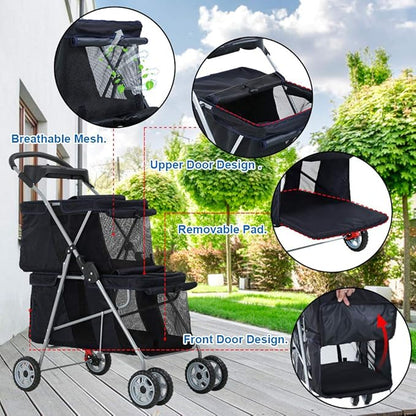 HKLGorg Double Pet Stroller Dog Stroller for 2 Dogs Cats, Foldable Pet Stroller Cat Stroller with 4 Wheels & Soft Pad for Medium Small Dogs Cats Travel Camping Crate Waterproof Folding Stroller(Black)