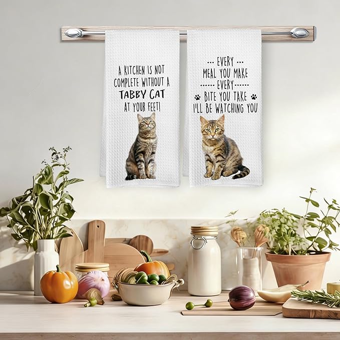 Funny Tabby Cat Kitchen Towels, Tabby Cat Mom Lady Lovers Gifts for Women Hand Towels, Pet Lover Gifts Dishcloths Dish Towel for Kitchen 16x24 Inches Set of 2