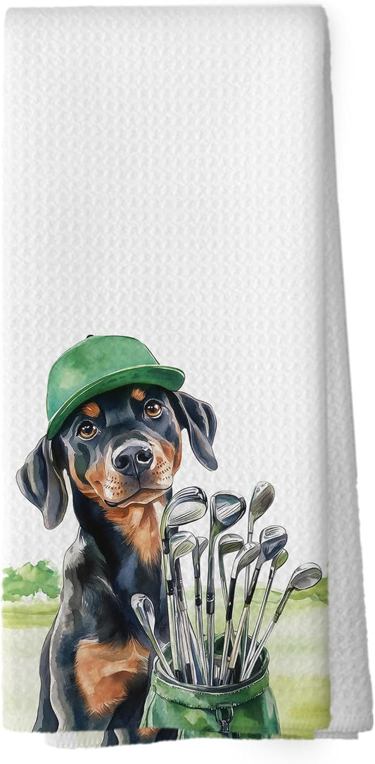 Golf Dog Kitchen Towels - Doberman Pinscher Dish Towels, Sports Gifts, Pet Golf Club Decorative Absorbent Dishcloths Hand Towels for Gym Spa Kitchen Decor 16x24 Inches