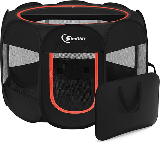 Black Dog Cat Playpen, Puppy Pet Playpen Indoor for Small Dog Crate Tent Cage Outdoor, Portable Pop Up Dogs Enclosure Kennel with Carrying Case for Dogs/Cats/Rabbits