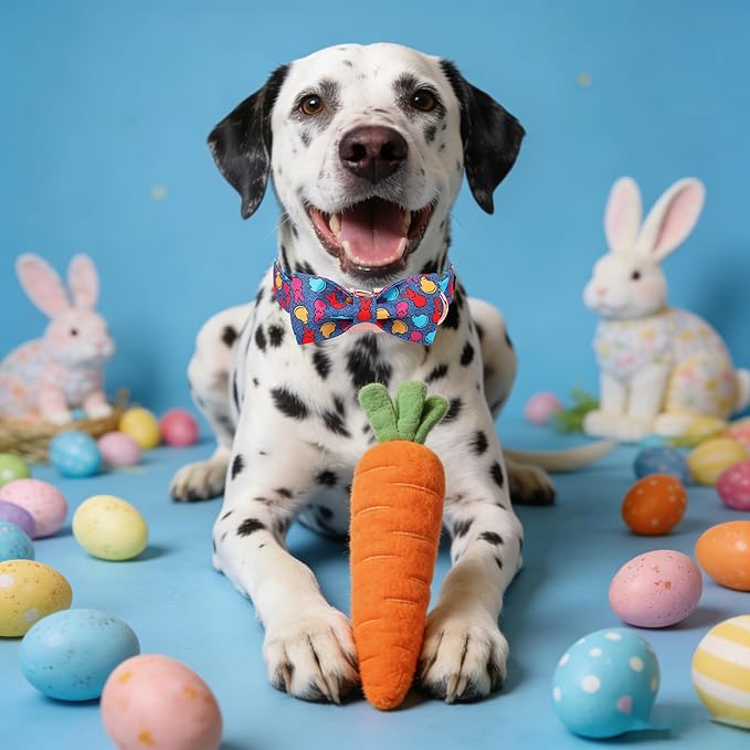 Maca Bates Easter Day Rabbit Dog Collar with Fancy Bow Tie for Extra Small Girl Boy Dogs, Blue Bunny Chick Pattern,Adjustable Durable Soft Breakaway Collars for Male Female Puppy