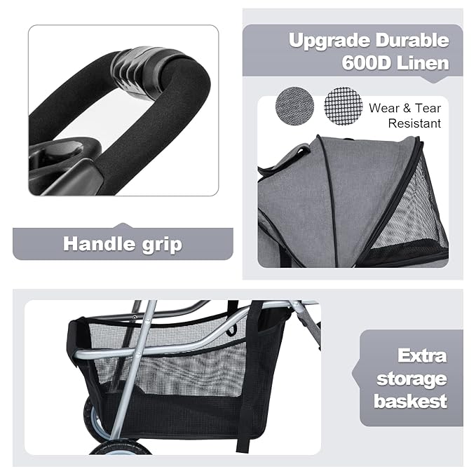 BestPet Pet Stroller Dog Cat Jogger Stroller for Medium Small Dogs Cats Folding Lightweight Travel Stroller with Cup Holder (Grey, 3 Wheels)