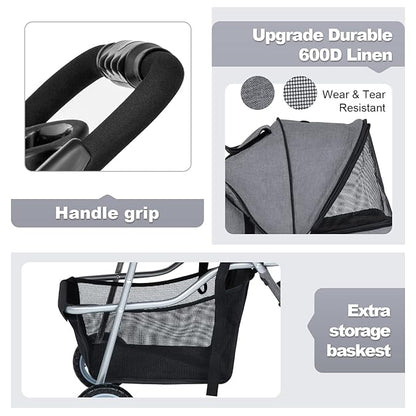 BestPet Pet Stroller Dog Cat Jogger Stroller for Medium Small Dogs Cats Folding Lightweight Travel Stroller with Cup Holder (Grey, 3 Wheels)
