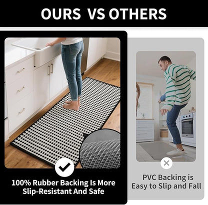 Long Kitchen Runner Rugs Kitchen Mat Non Slip Washable, Super Absorbent Soft Chenille Braided Kitchen Mats for Floor, Rubber Backing Kitchen Floor Sink Standing Mat, Easy Clean, Black 17"x71"
