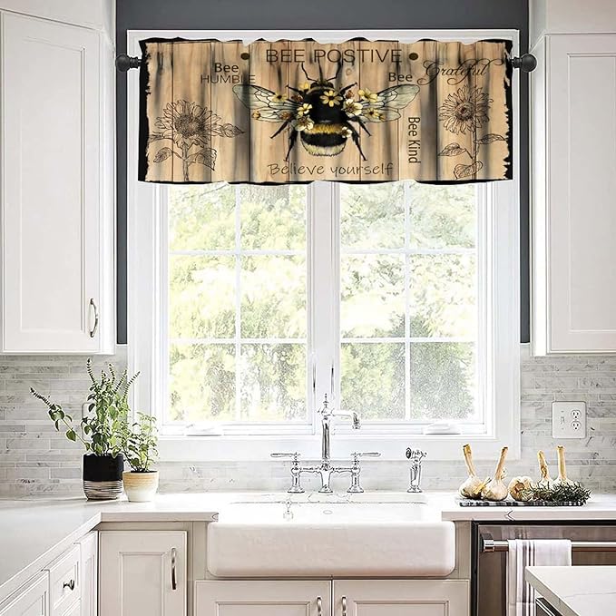 Bee Valances Curtain for Kitchen, Bee Farmhouse Sunflower Wooden Planks Window Treatment Valances Short Curtains Rod Pocket Drape for Dining Room Home Farmhouse Decor, 54x18inch