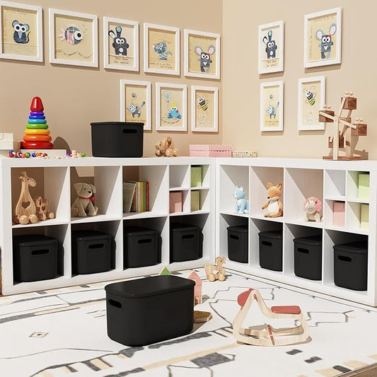 6 Pack Black Storage Bins with Lids Stackable Storage Container for Organizing, Black Storage Boxes with Handle for Shelves, Cute Organizer Bins for Craft, Snacks, 9.85x6.9x5.7 inch
