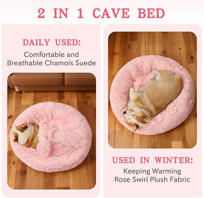 NOYAL Calming Dog Bed for Anxiety, Hooded Donut Cave with Blanket, Plush Fluffy Washable Pet Bed for Small Medium Dogs & Cats